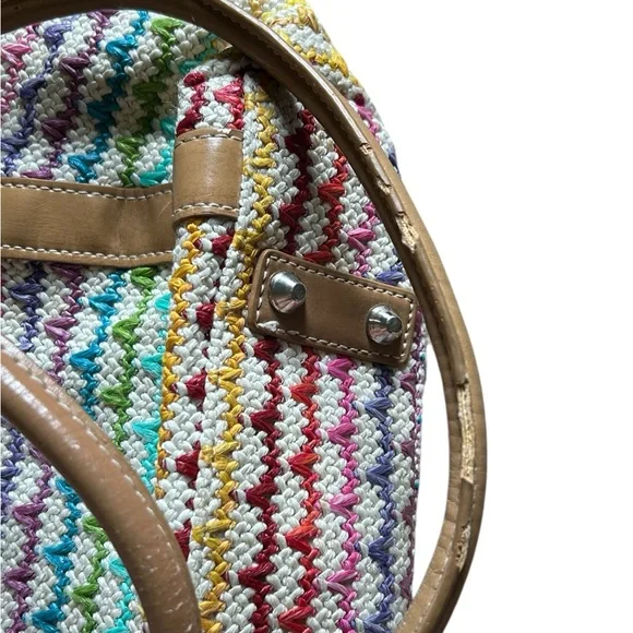 Woven Multicolor Straw Tote Bag Tan Faux Leather Handles Shoulder Purse - Picture 3 of 16